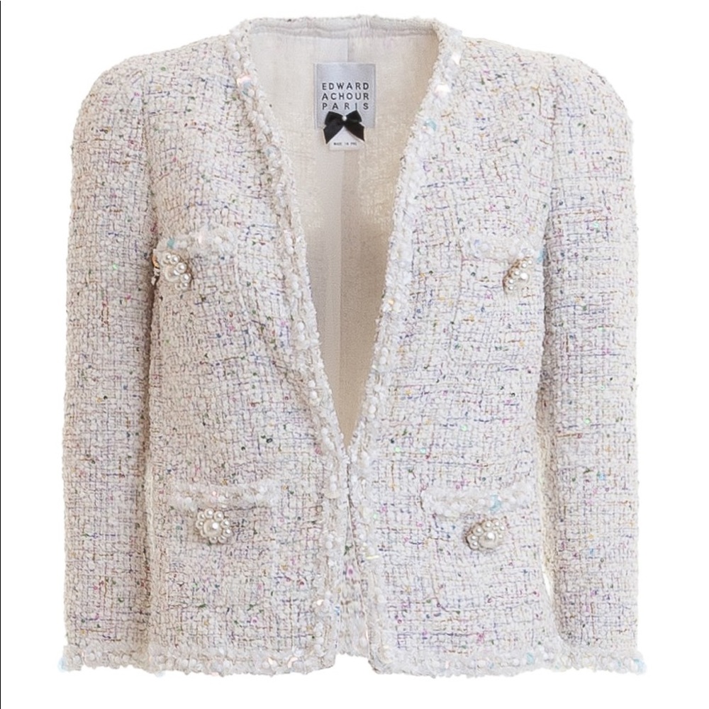 Edward Achour Paris Tweed Pearl Trim Jacket Blazer White Multicolor EU 38 US 6